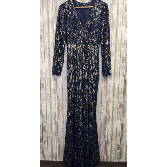 Mac Duggal Beaded Gown Navy Blue Metallic Sequin Long Sleeve Evening Glam Sz 8